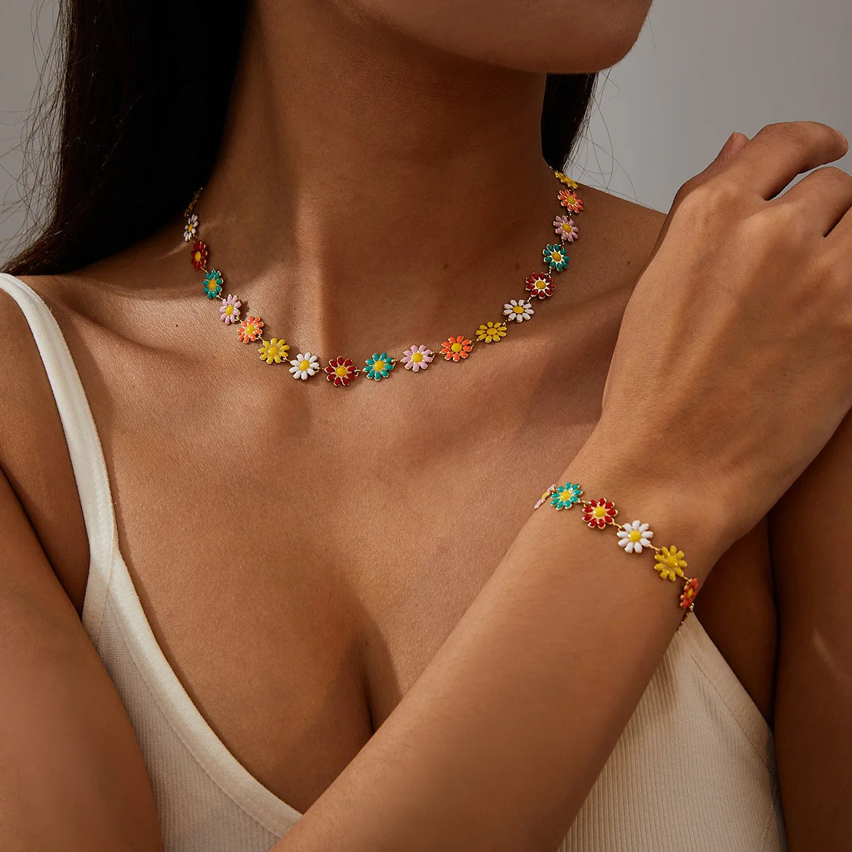 Multicolored Flower Daisy Necklace & Bracelet - Gemsy