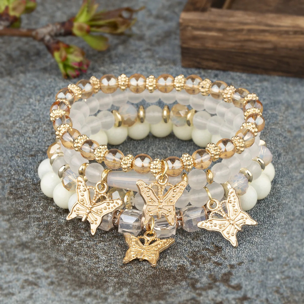 Acrylic Butterfly Beaded Bracelet Set - Gemsy