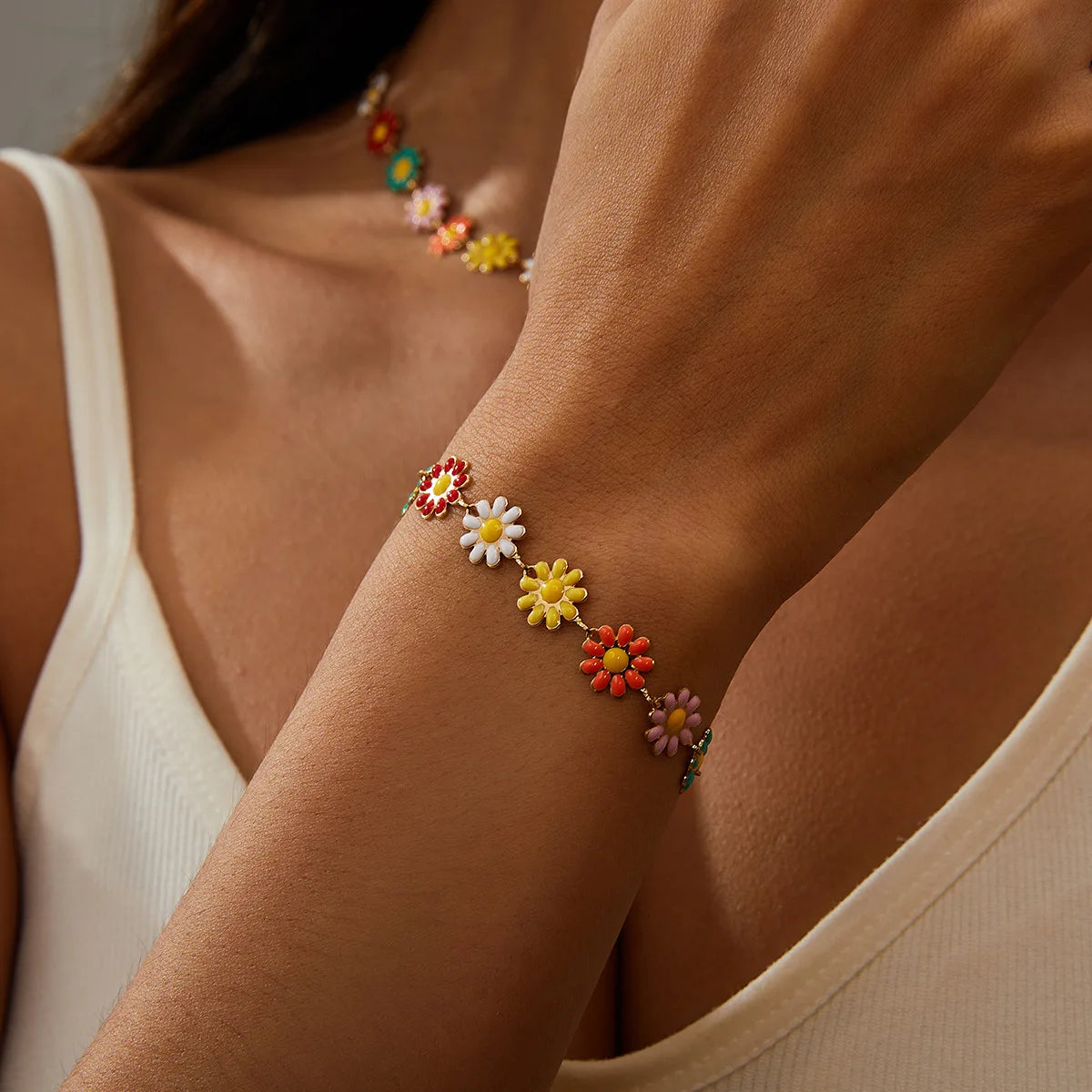 Multicolored Flower Daisy Necklace & Bracelet - Gemsy